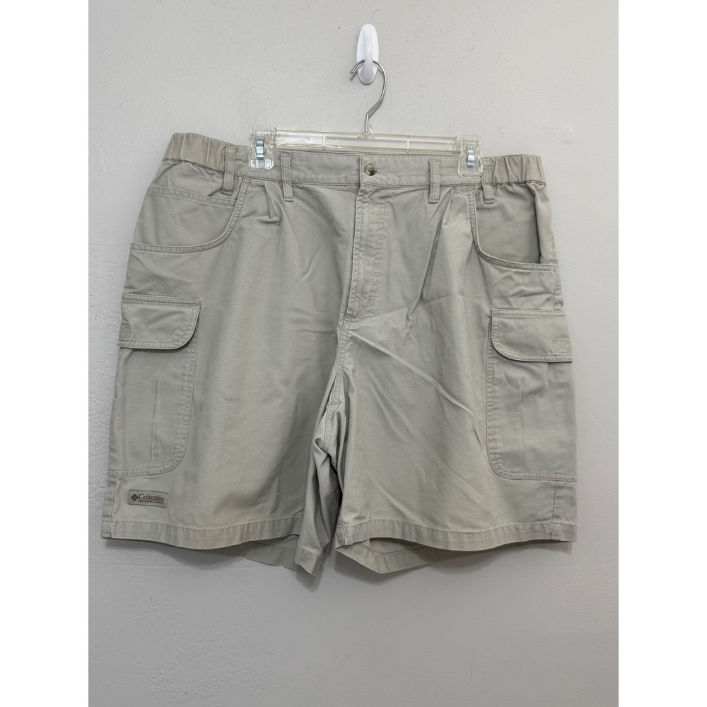 Columbia Mens Tan Khaki Cargo Shorts Pleated Side Elastic Vintage Utility Dad 40 - Picture 1 of 13